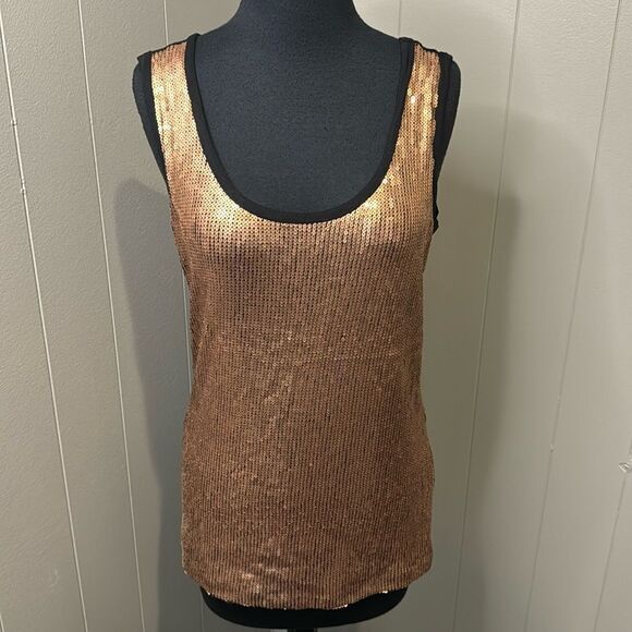 Calvin Klein rose gold sequin front black jersey stretch knit tank. Lined front. - Picture 1 of 5